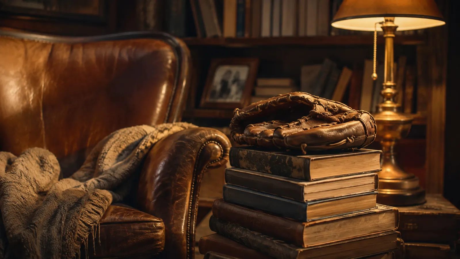 A worn leather reading chair by a warm lamp, an old glove resting beside a stack of well-thumbed baseball history books