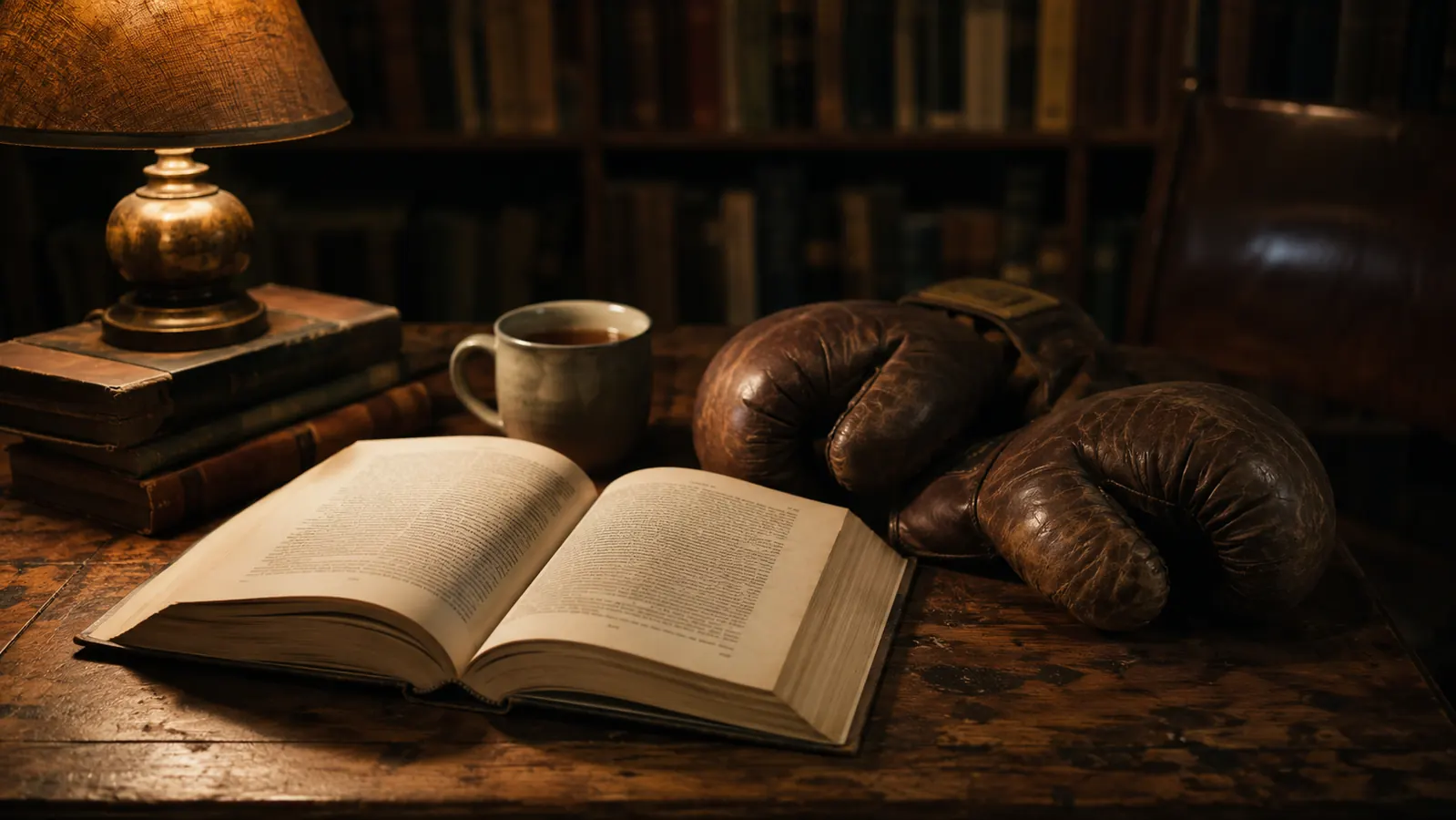An open hardcover biography resting on a worn wooden table under a warm reading lamp, a pair of old leather boxing gloves beside it and a mug of tea