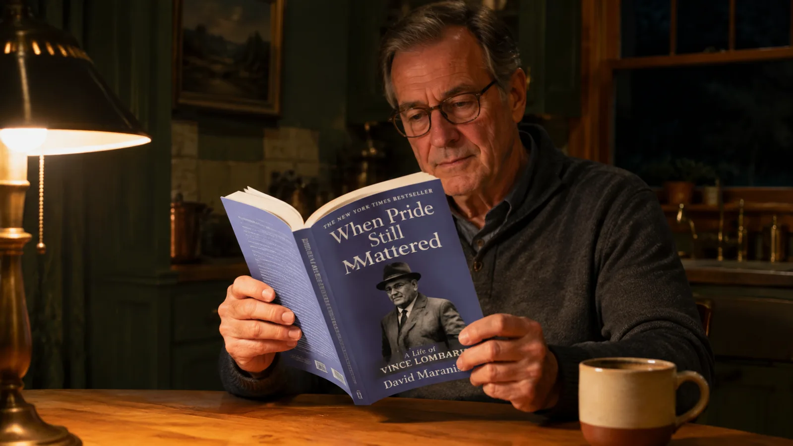 A man in his late fifties reading a paperback book at a wooden kitchen table in the evening under a warm lamp, a cup of coffee at his elbow