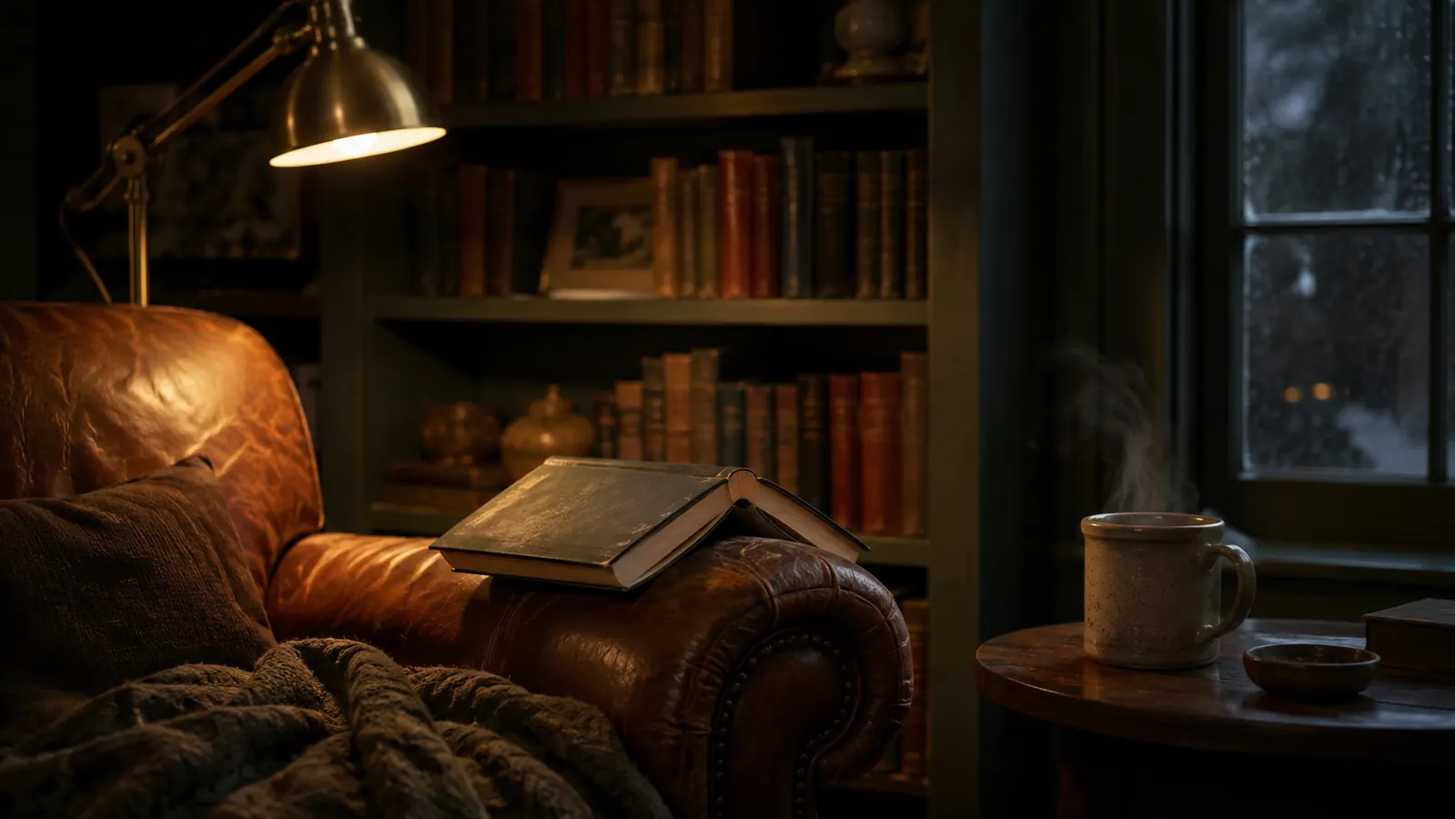 An open book resting on an armchair arm beside a warm lamp on a cold winter evening, a cup of coffee on a side table, deep green walls, soft light