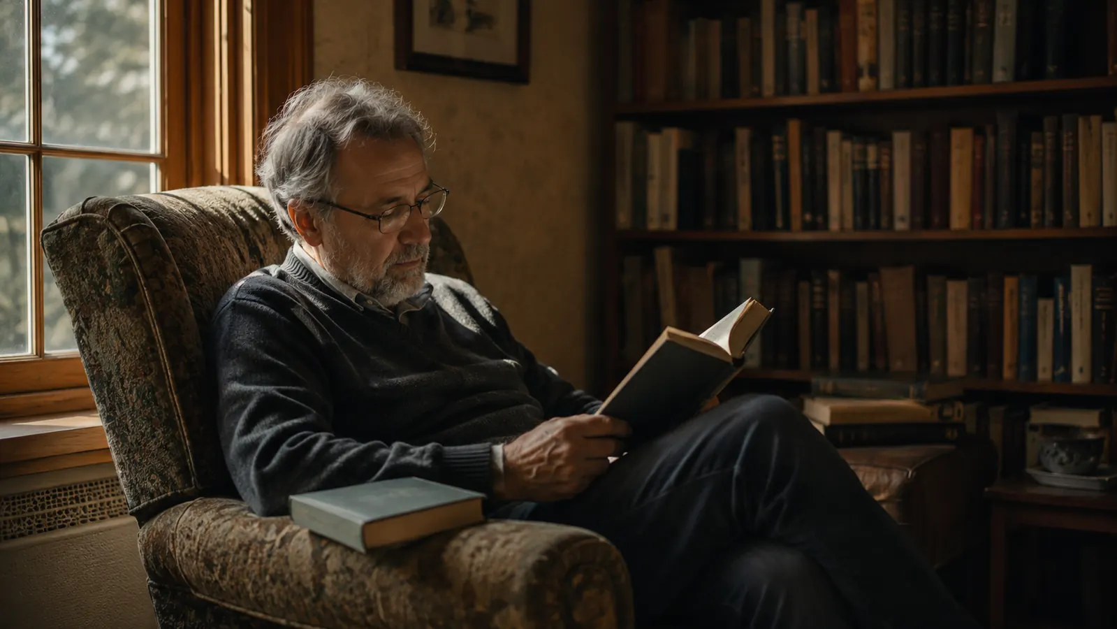 A man in his late fifties settled deep in a cloth armchair by a large window in the afternoon, reading glasses on, a book resting on the arm of the chair, a shelf of books in the background