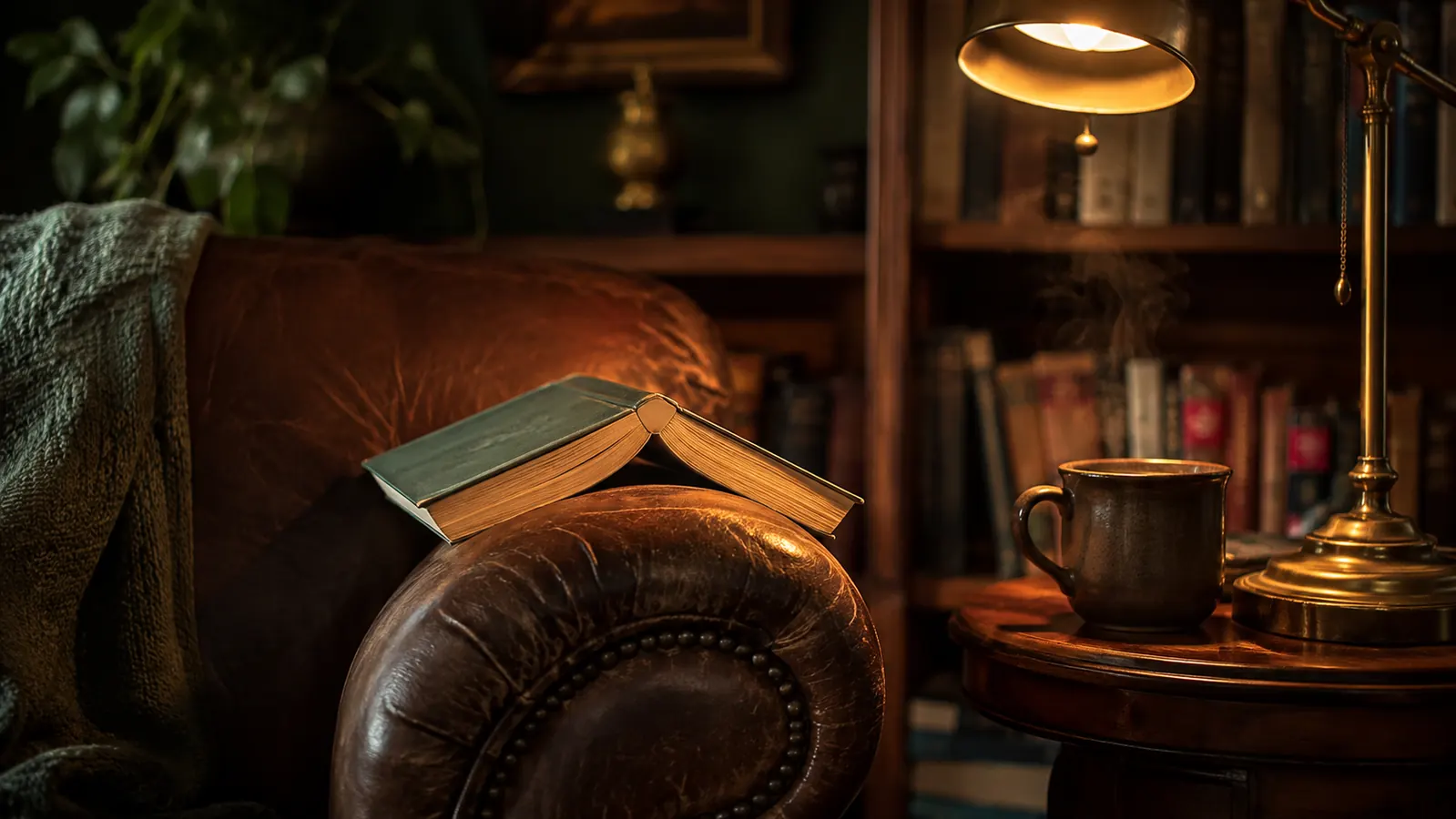 An open book resting on a worn leather armchair beside a warm reading lamp, a mug of tea on a small side table, deep green walls, soft evening light