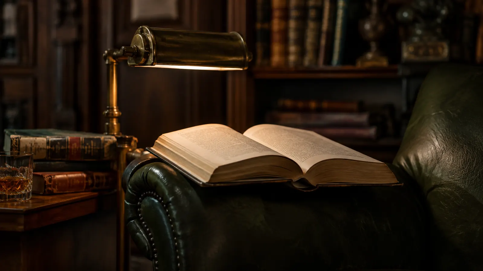 A reading lamp casting warm light over an open sports book resting on an armchair in a wood-paneled study