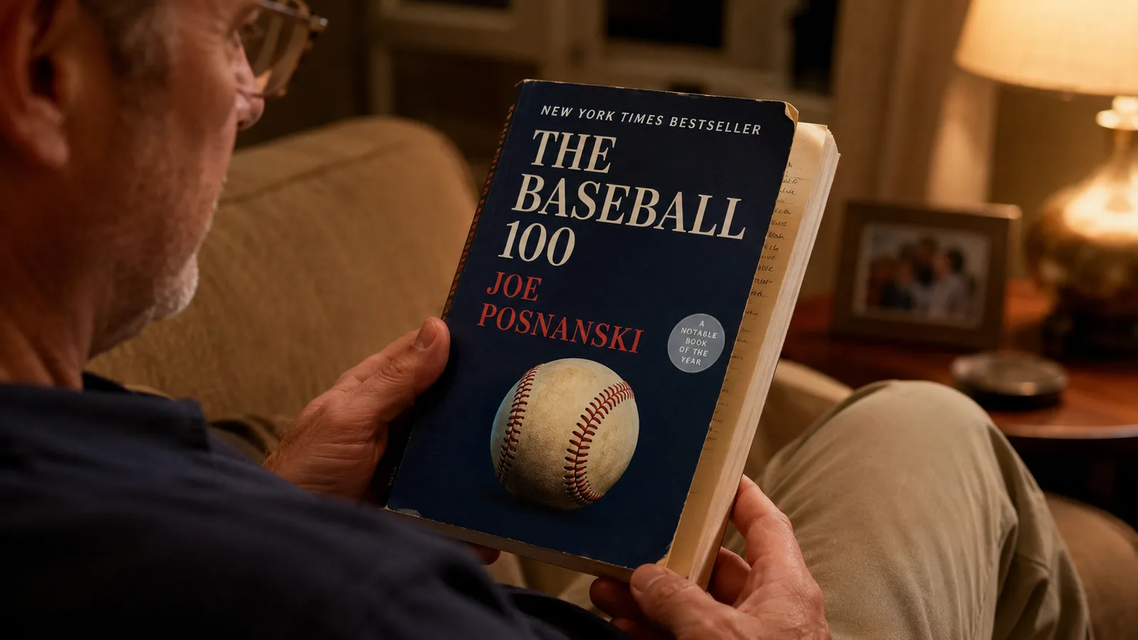 A hand holding open a thick hardcover baseball history book on a lap, dog-eared pages and a reading margin note visible