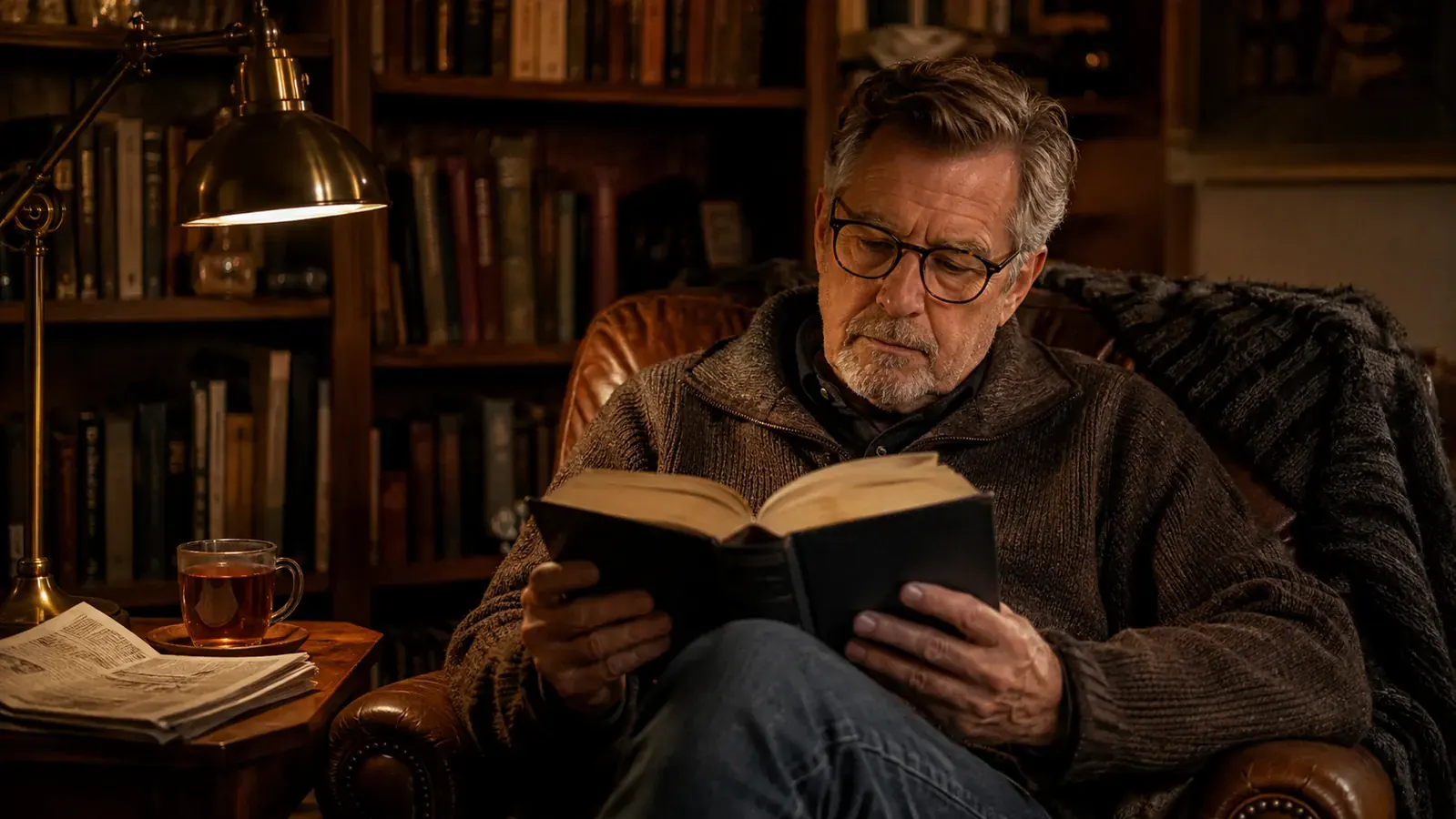 An older man reading a thick book in a leather armchair under a warm reading lamp, a glass of tea on the side table
