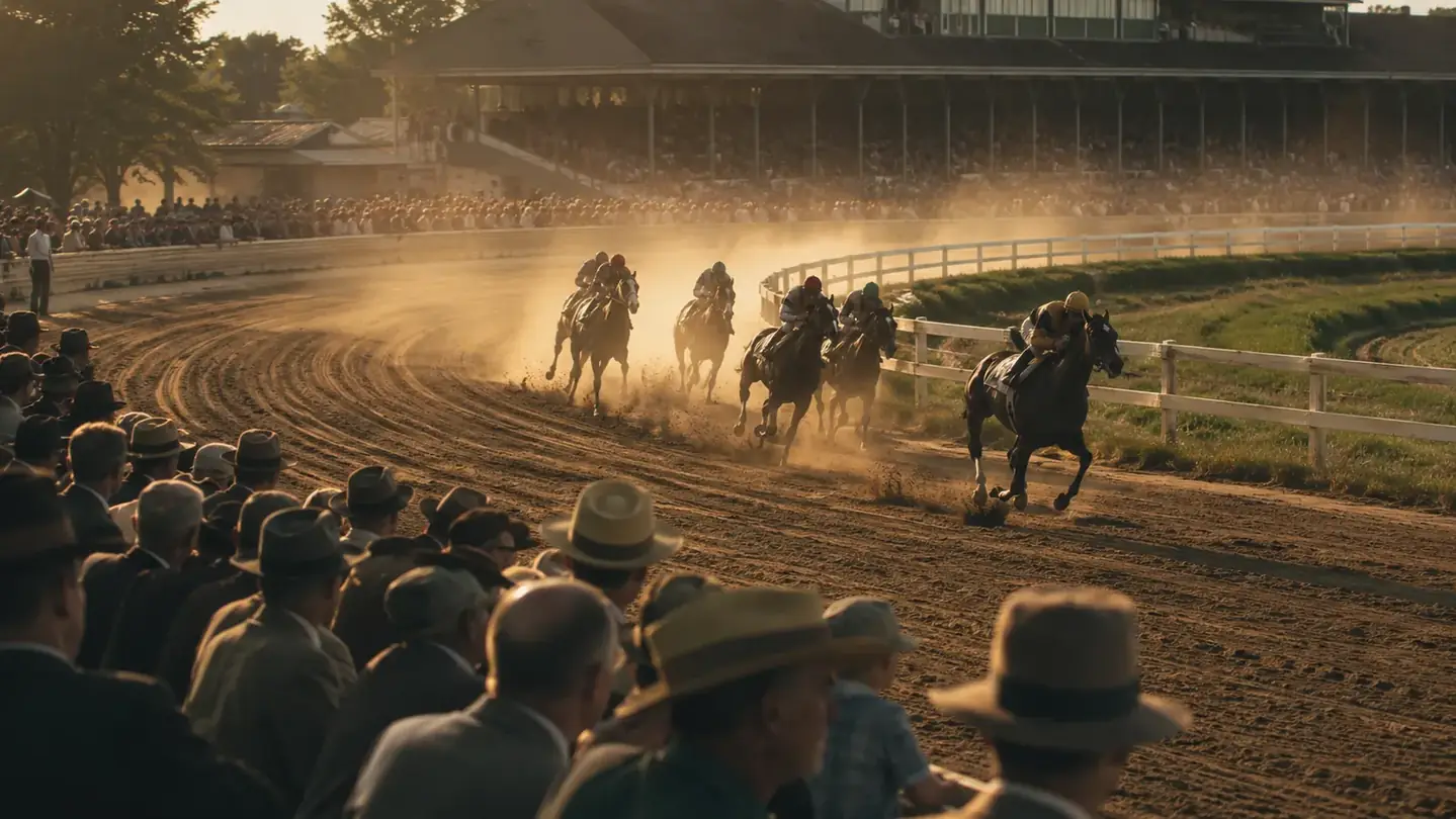 Racehorses thundering around the final turn at an old dirt track with a full grandstand in the background