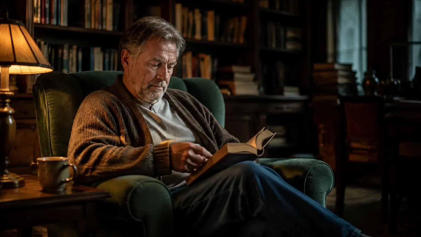 A man in his late fifties reading a paperback in an armchair under a reading lamp, shelves of books in shadow behind him