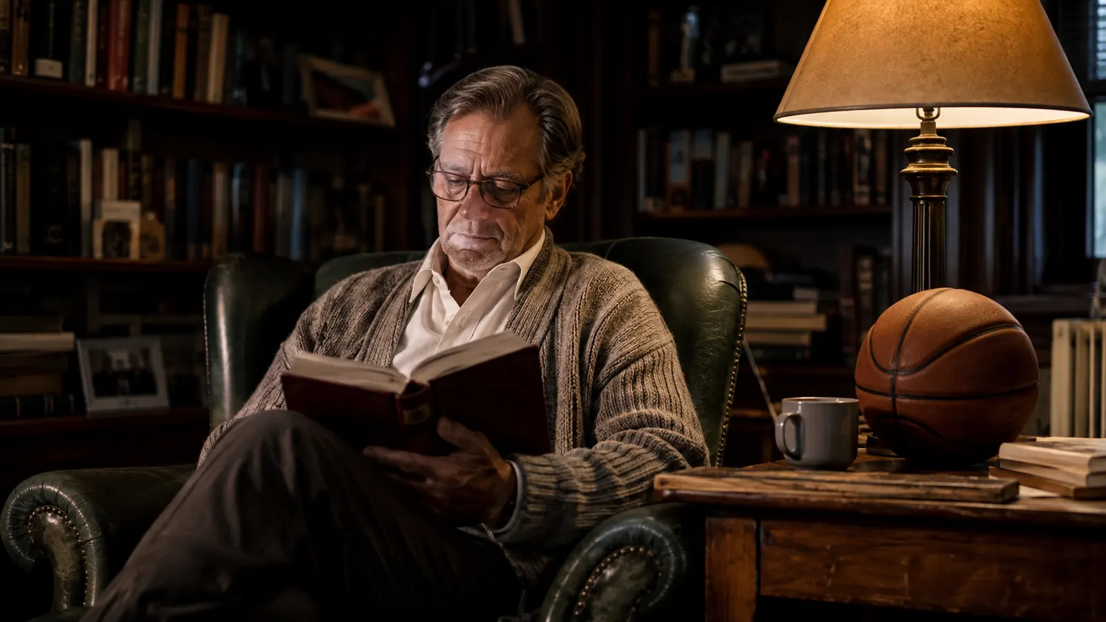 A man in his late fifties reading by lamplight in an armchair, with a basketball resting on a side table and shelves of books in shadow behind him