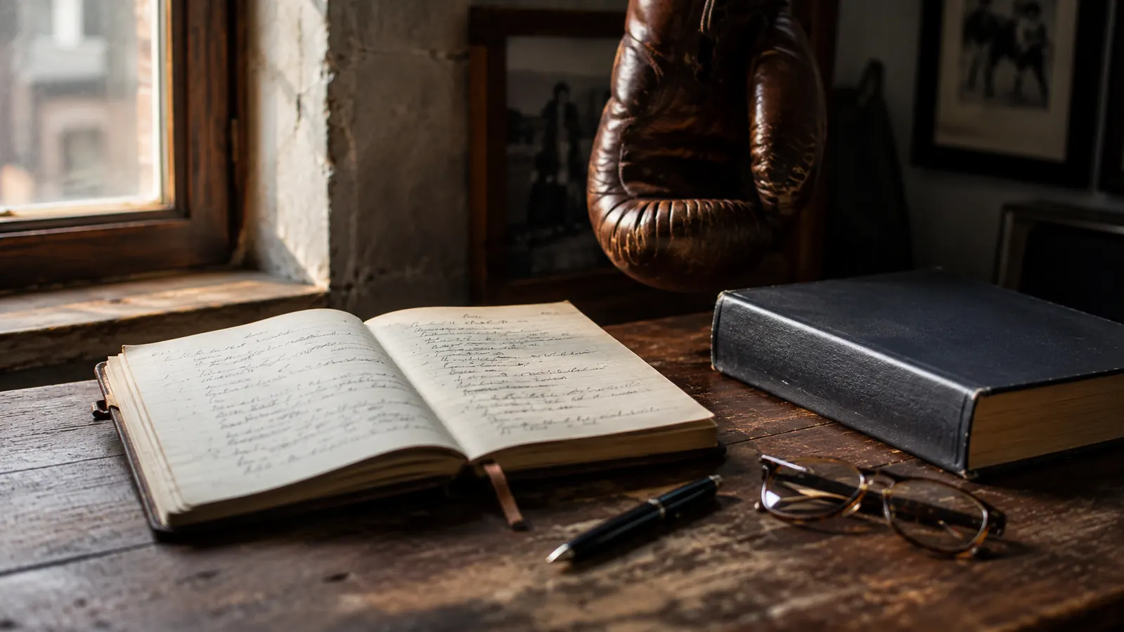 An open notebook beside a closed book on a wooden desk, a pen and reading glasses nearby, soft morning window light