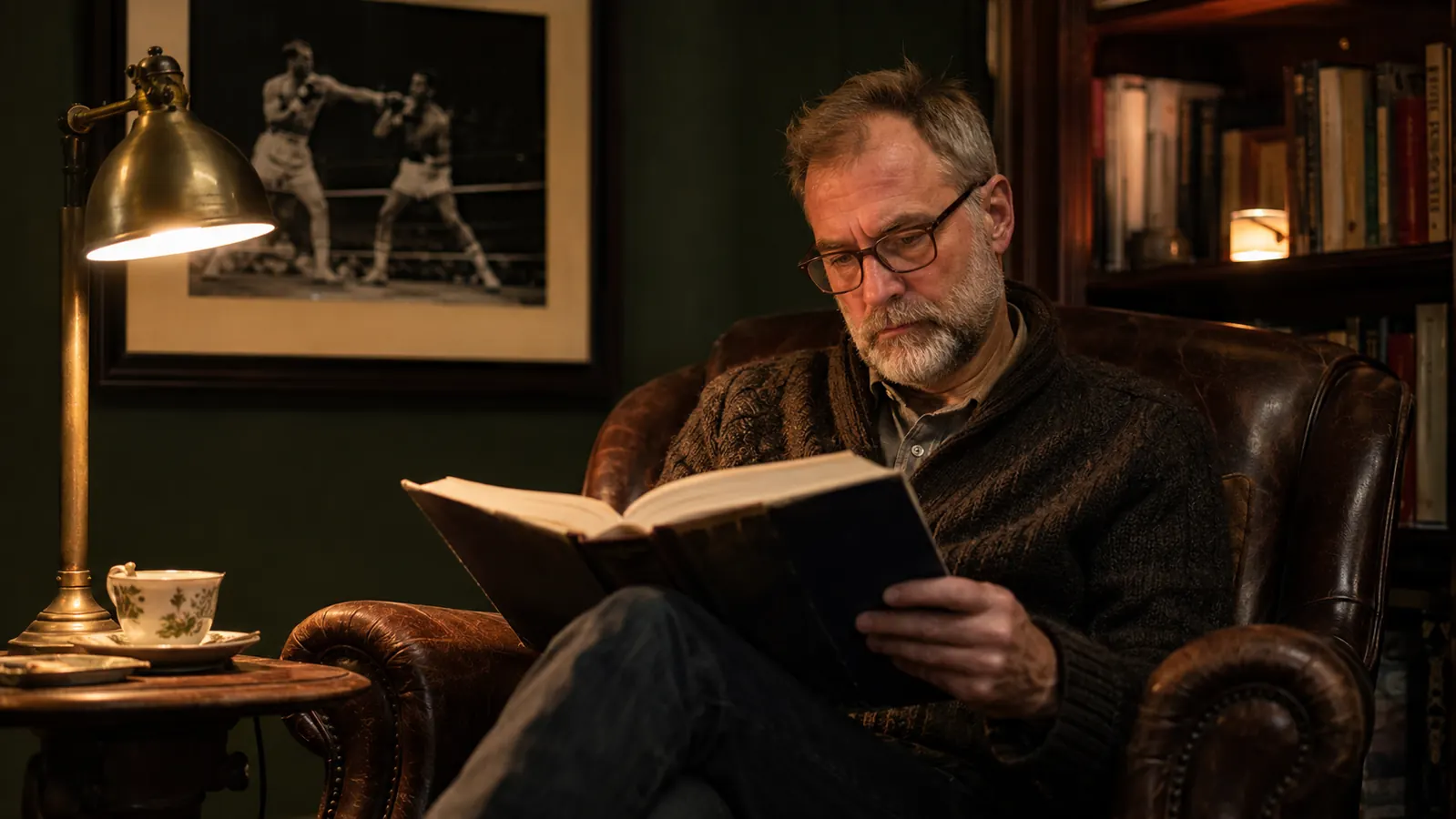 An older man reading a thick hardcover in a leather armchair in the evening, a framed photograph of two boxers on the wall behind him