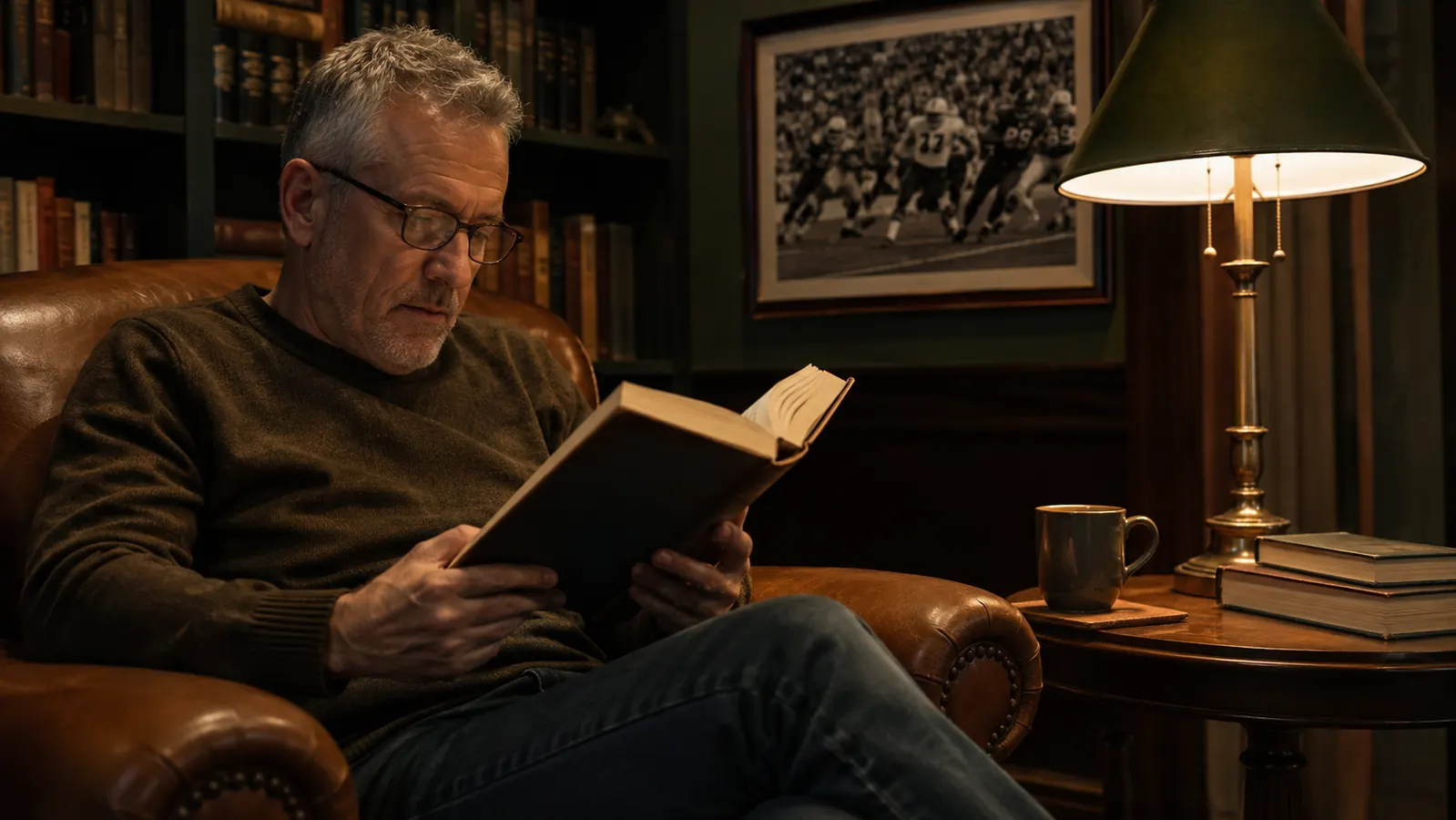 An older man reading a thick hardcover in a leather armchair in the evening, a green-shaded reading lamp on the side table, a framed vintage football photograph on the wall