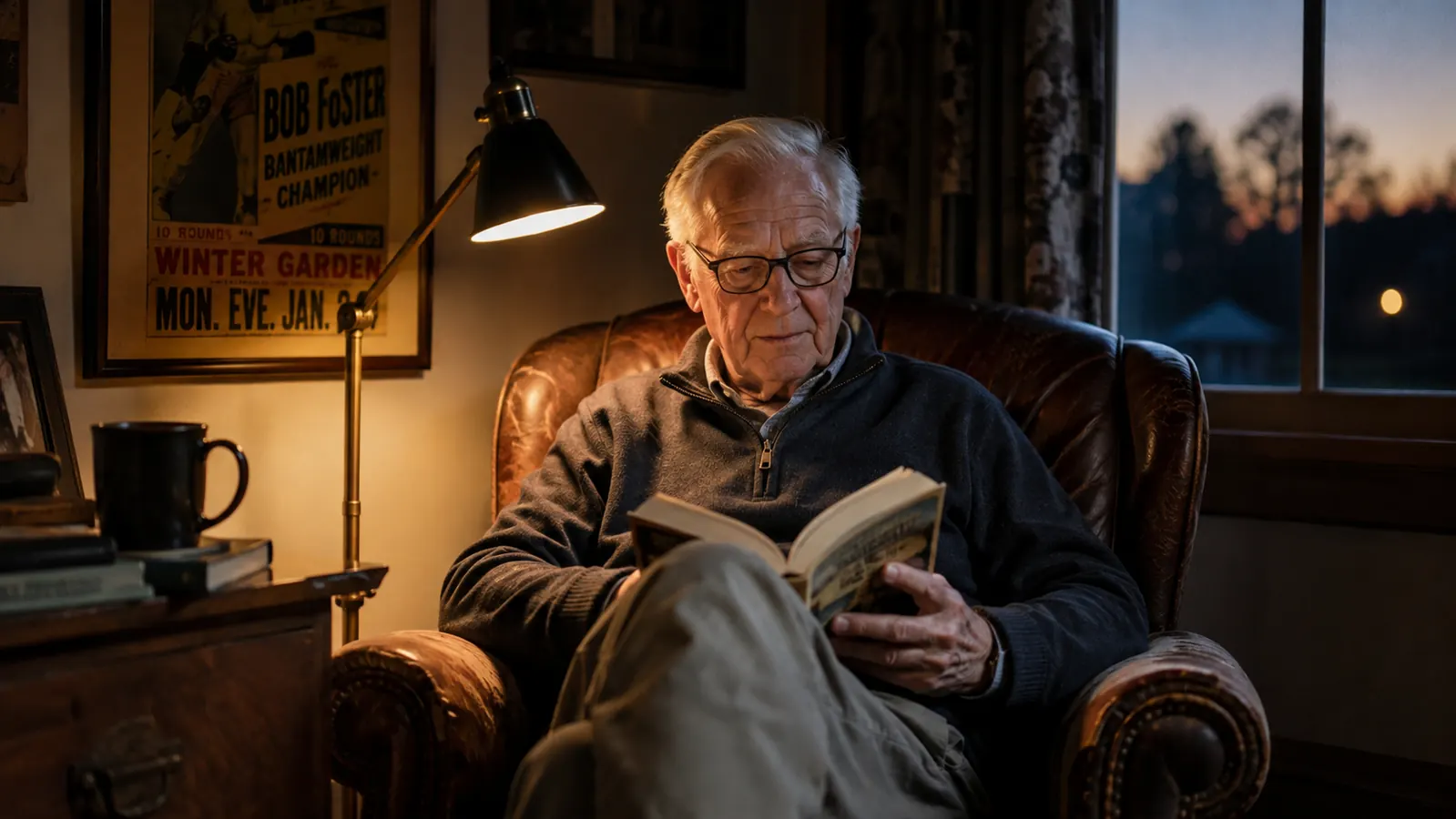 An older man in a worn armchair reads a paperback under a warm lamp in the evening, a framed fight poster on the wall behind him.