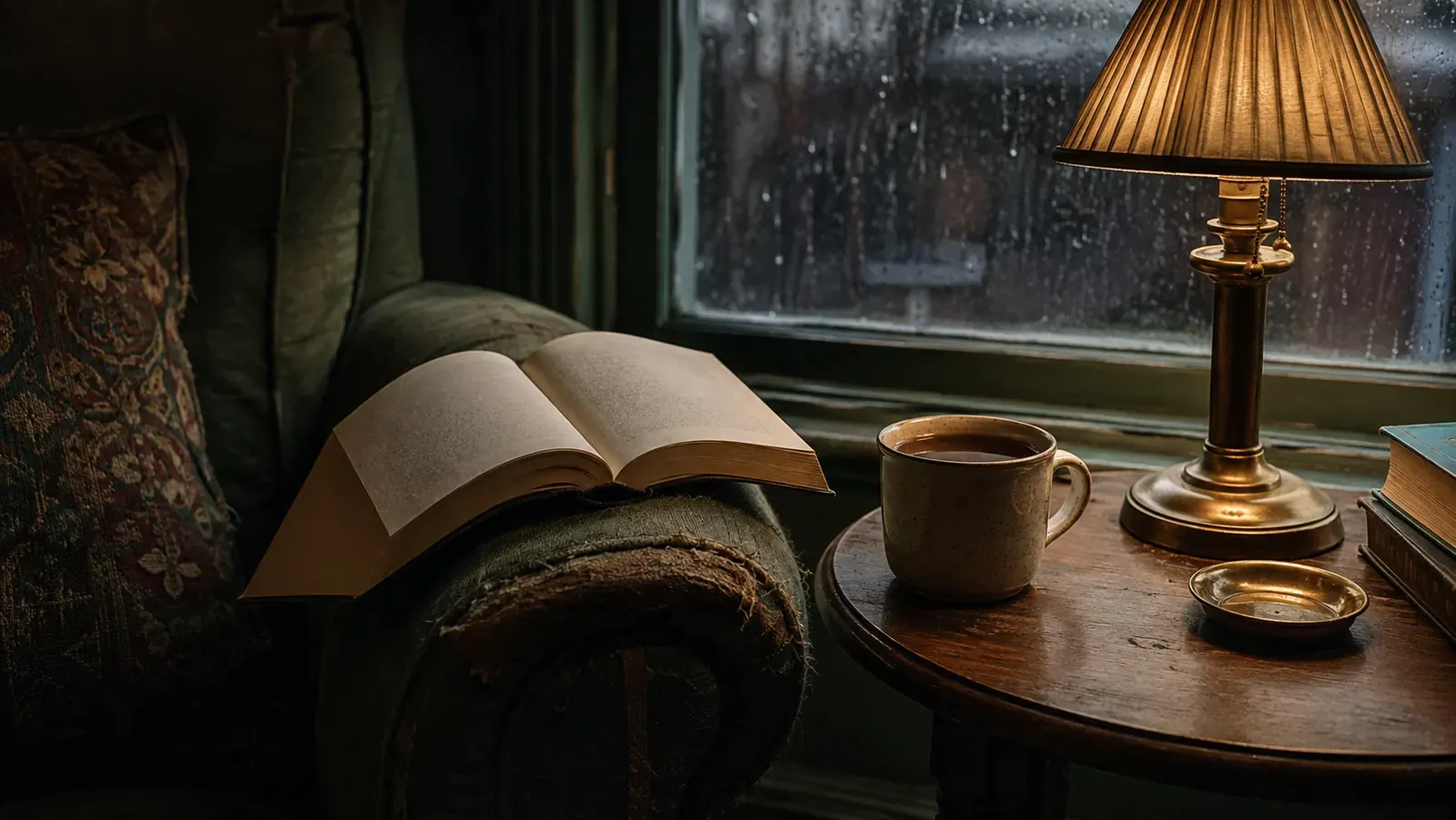A thick paperback open face-down on the arm of a reading chair beside a warm lamp and a mug of tea, rain streaking the window behind it