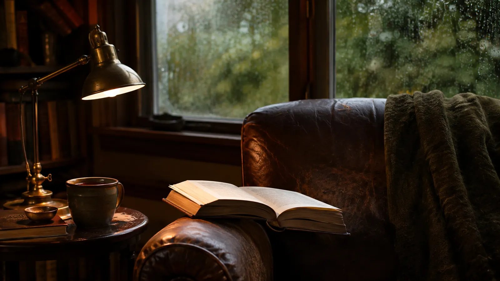 An open hardcover book resting on the arm of a reading chair beside a rainy window, a ceramic mug on a side table, and a warm reading lamp glowing behind it