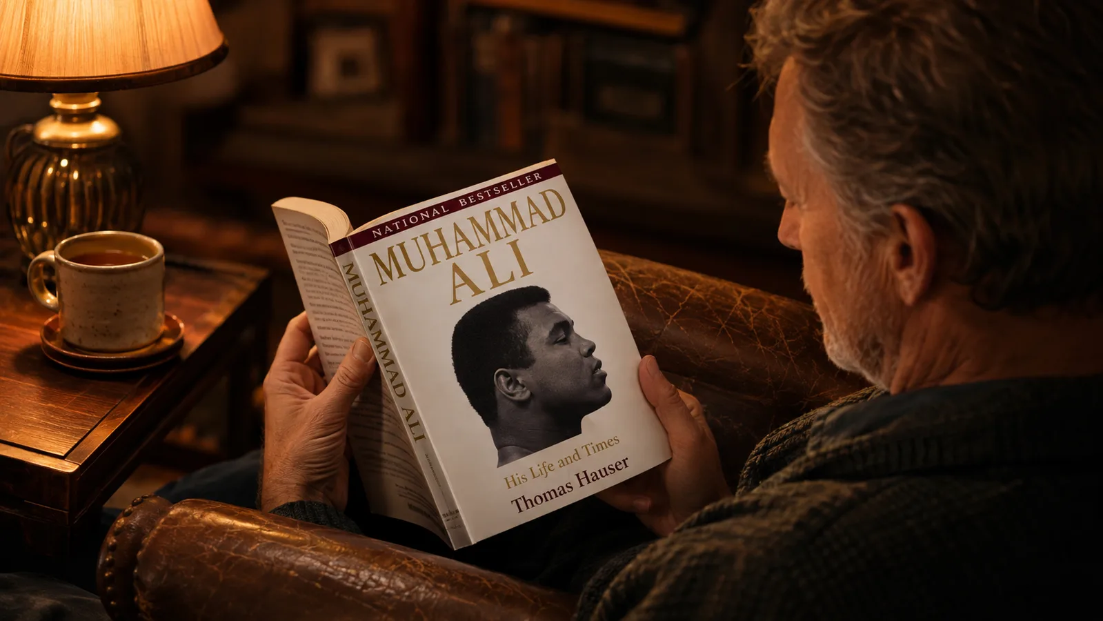 An open paperback held in a reader's hands on the armrest of a worn leather armchair, lit by a golden side lamp, a mug of tea on the small table beside