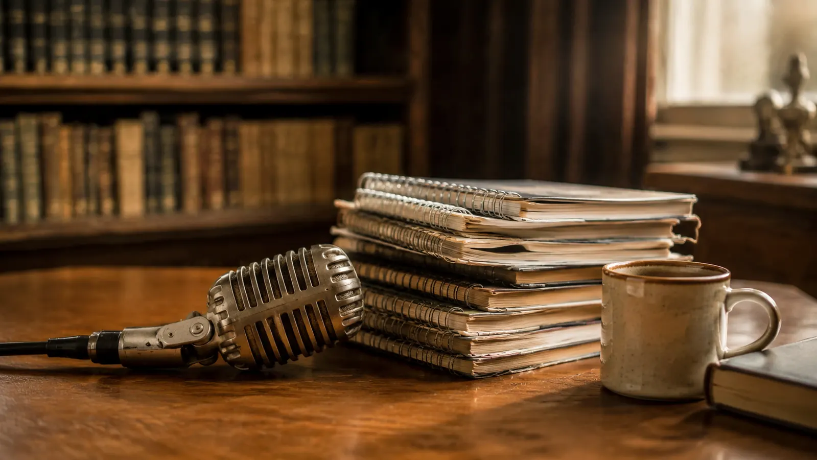 A vintage microphone resting on a library table beside a tall stack of spiral notebooks and a ceramic mug, leather-bound volumes blurred on a shelf behind