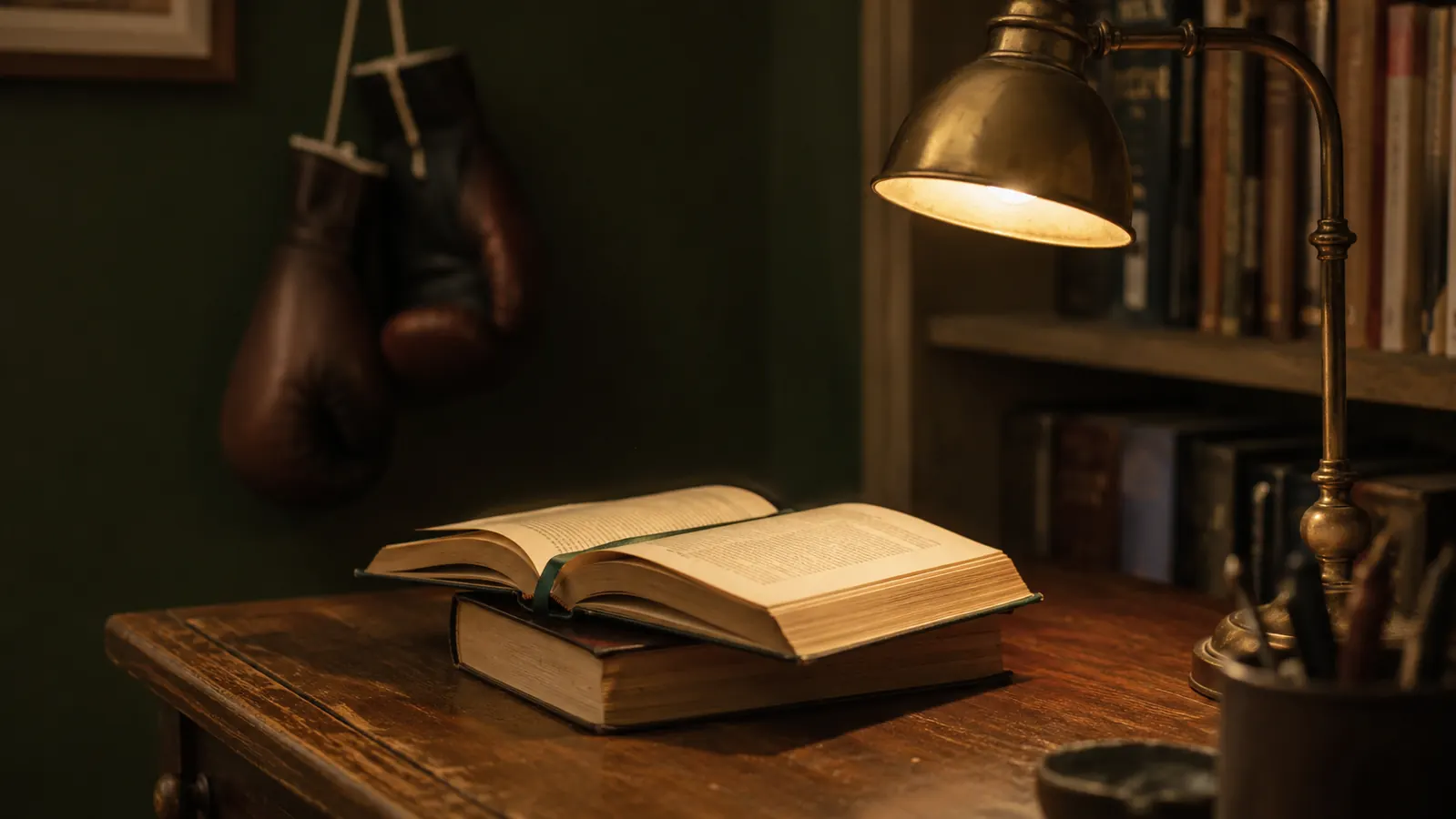 Two paperback books stacked on a walnut desk under a brass reading lamp, one open to a middle page, a pair of worn boxing gloves hanging in shadow on the wall behind