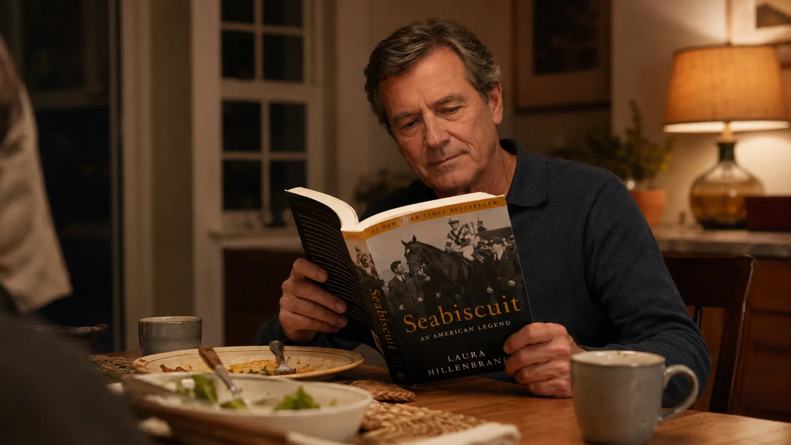 Laura Hillenbrand's Seabiscuit open on a kitchen table among coffee mugs during a family evening.