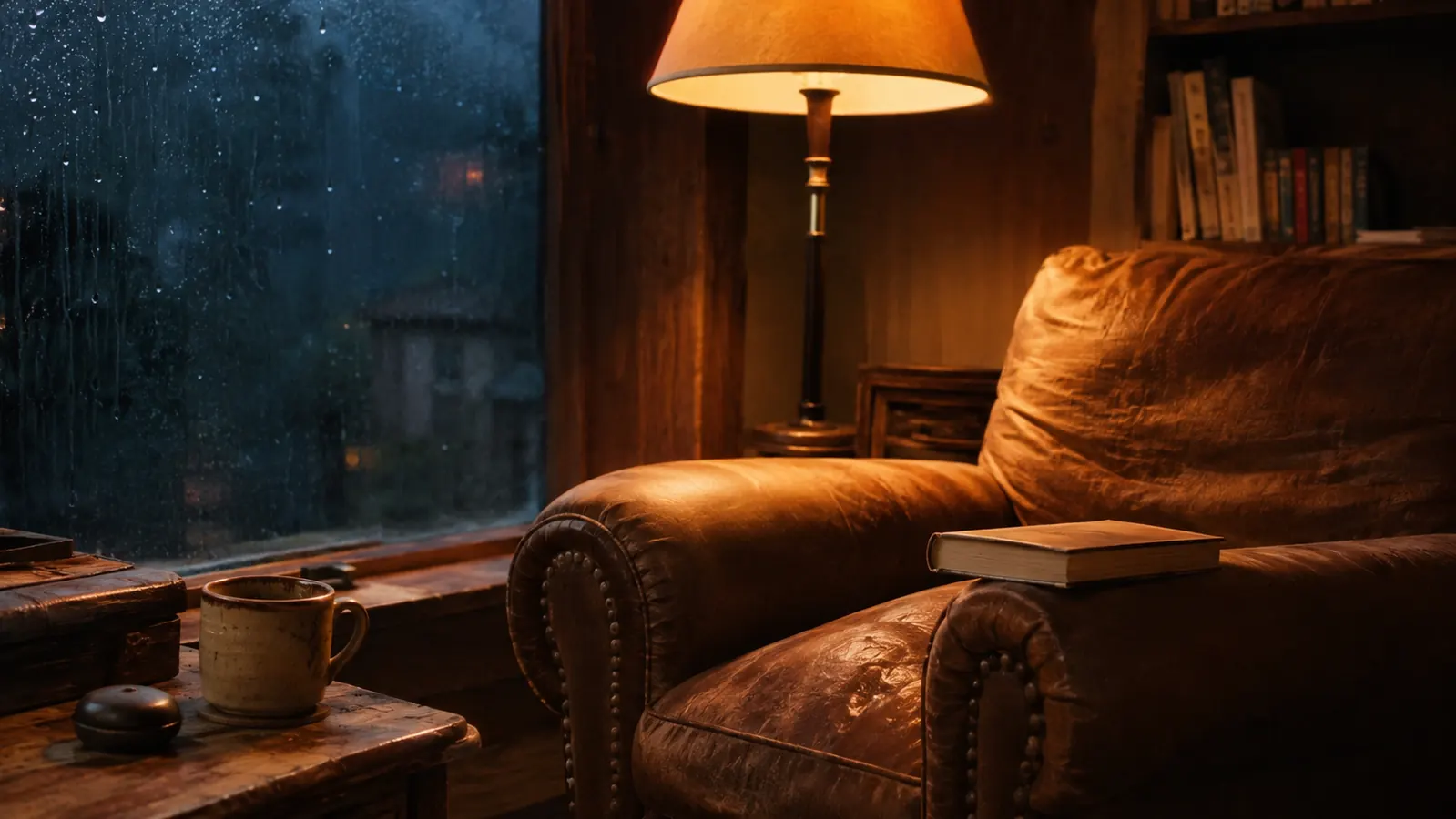 A closed book resting on the armrest of an armchair beside a reading lamp, rain running down the window behind it.