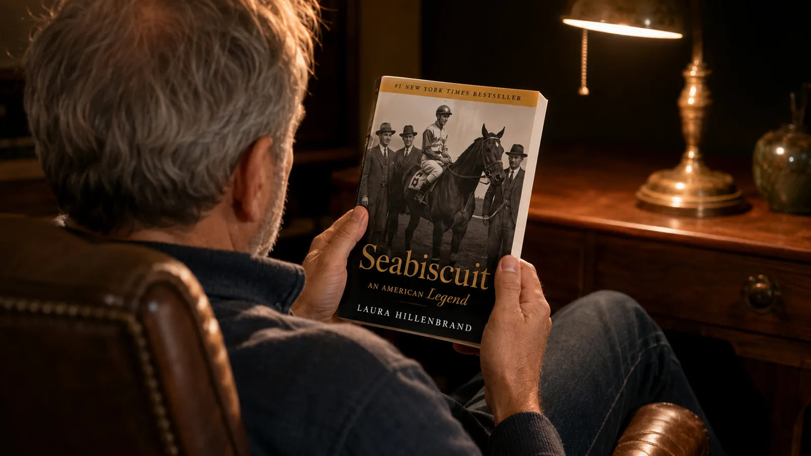 A man in his fifties reads a paperback in a leather chair by lamplight, the open book in his hands