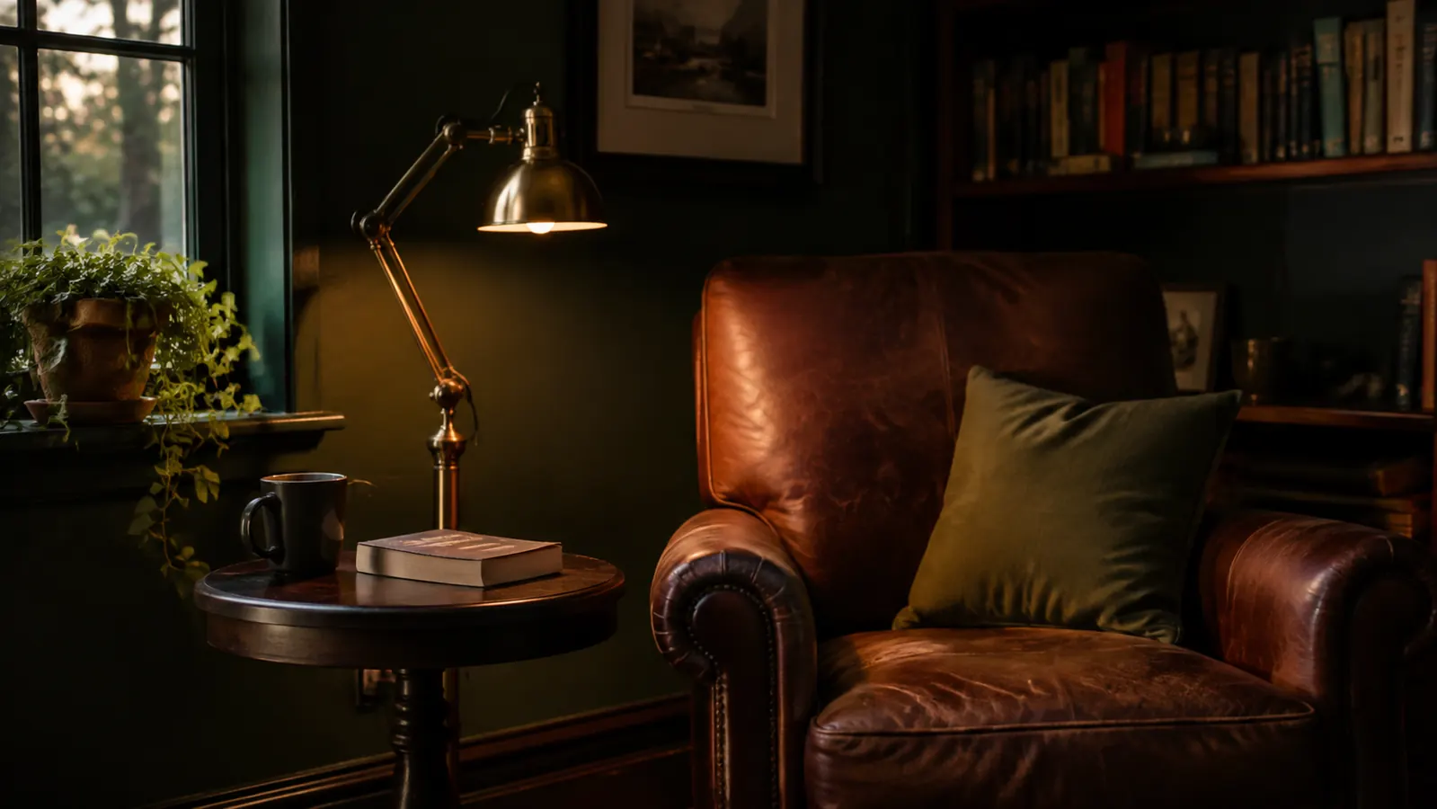 A closed paperback rests on an end table beside a glowing brass reading lamp, with a brown leather reading chair nearby