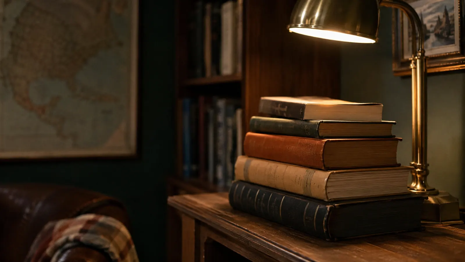 A closed paperback lies on a stack of books on a wooden shelf, a reading lamp casting warm light beside it at evening