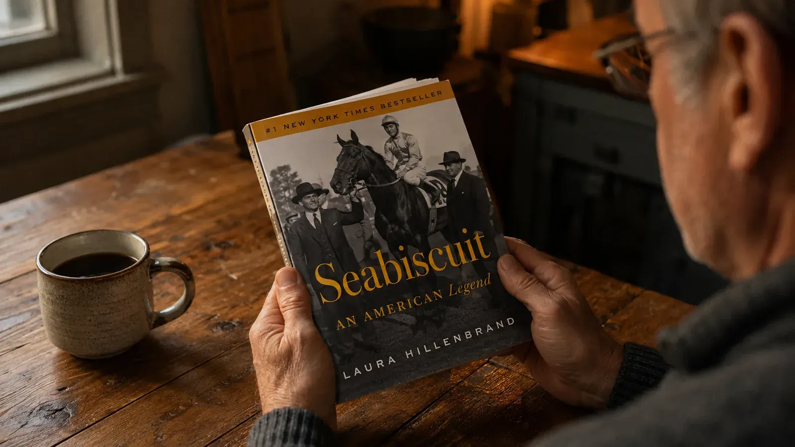 Two hands holding an open paperback over a wooden kitchen table with a mug of coffee nearby