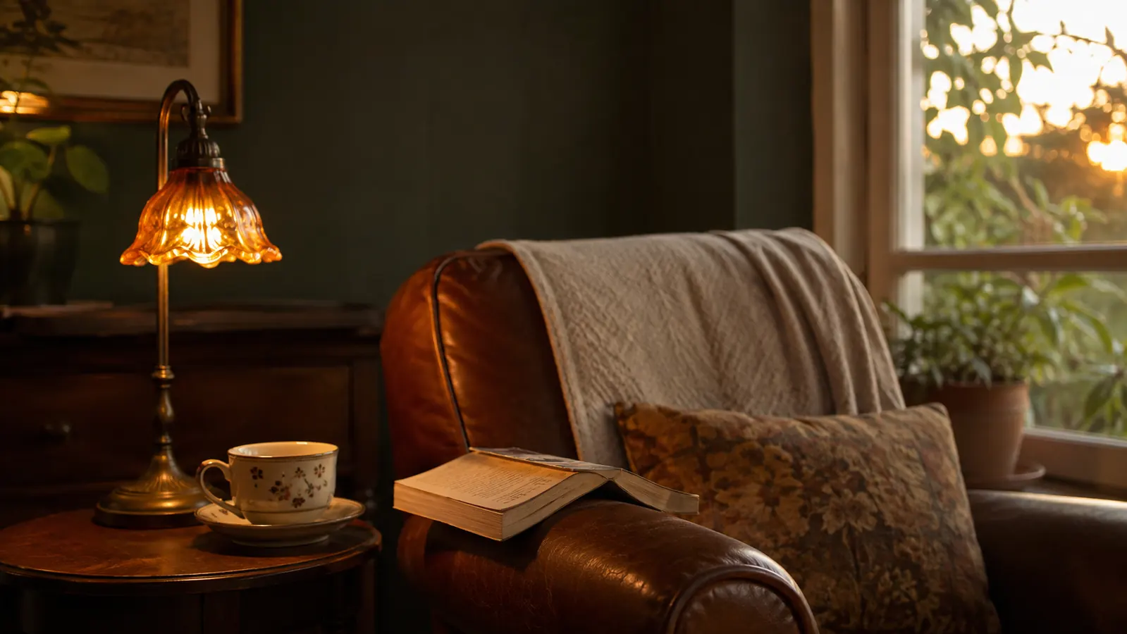 A worn paperback open on the arm of a leather reading chair with a glowing lamp nearby at evening