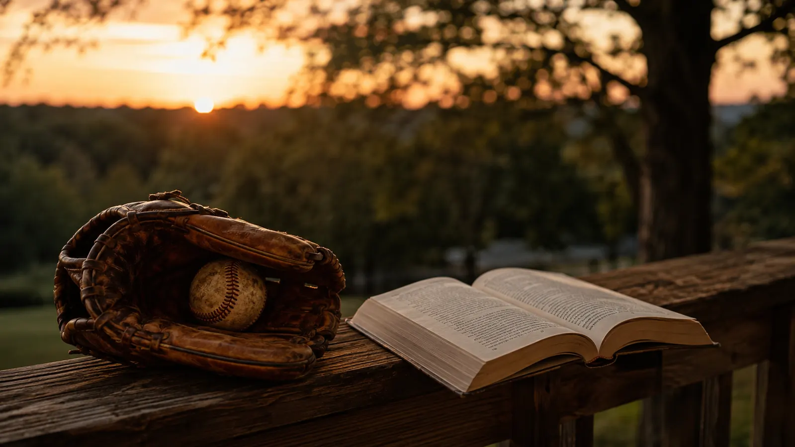An old leather baseball glove resting on a porch railing in warm evening light, a paperback book lying open beside it