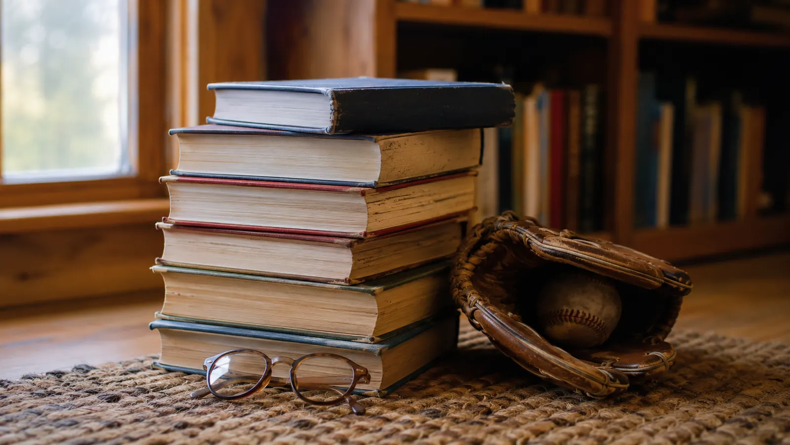 A tidy stack of sports history books on the floor beside a worn leather baseball glove and a pair of reading glasses.