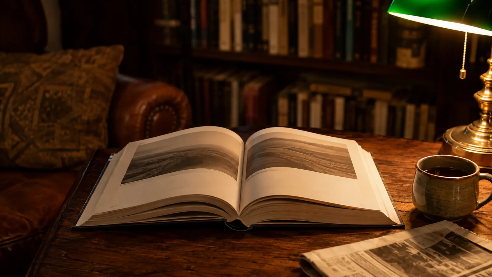 An open thick hardcover book on a wooden table beside a reading lamp, a mug of tea, and a folded newspaper in the evening.