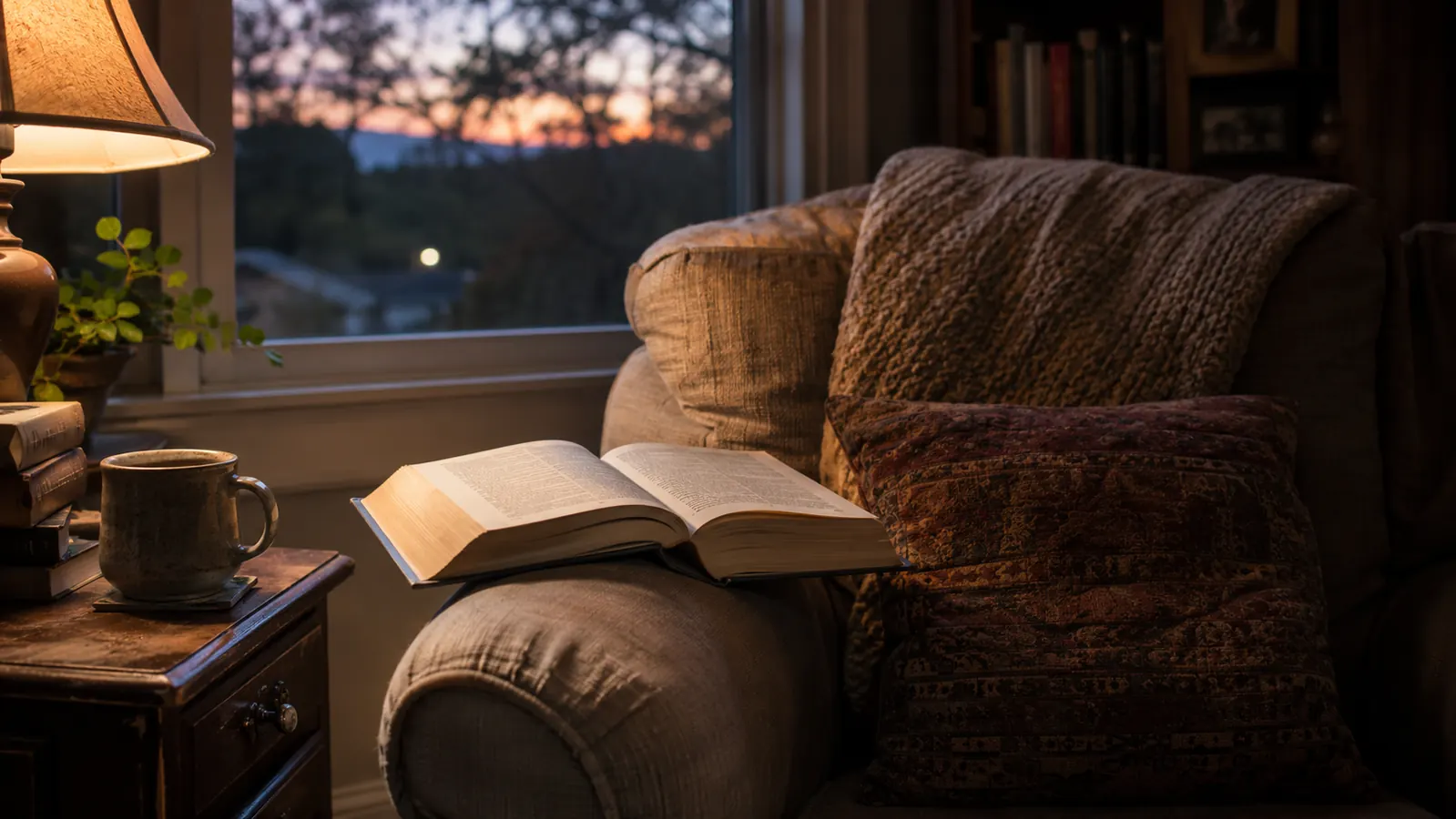 A worn reading chair by a window in the evening, an open hardback book resting on the armrest, a cup of coffee on a small side table, soft lamplight
