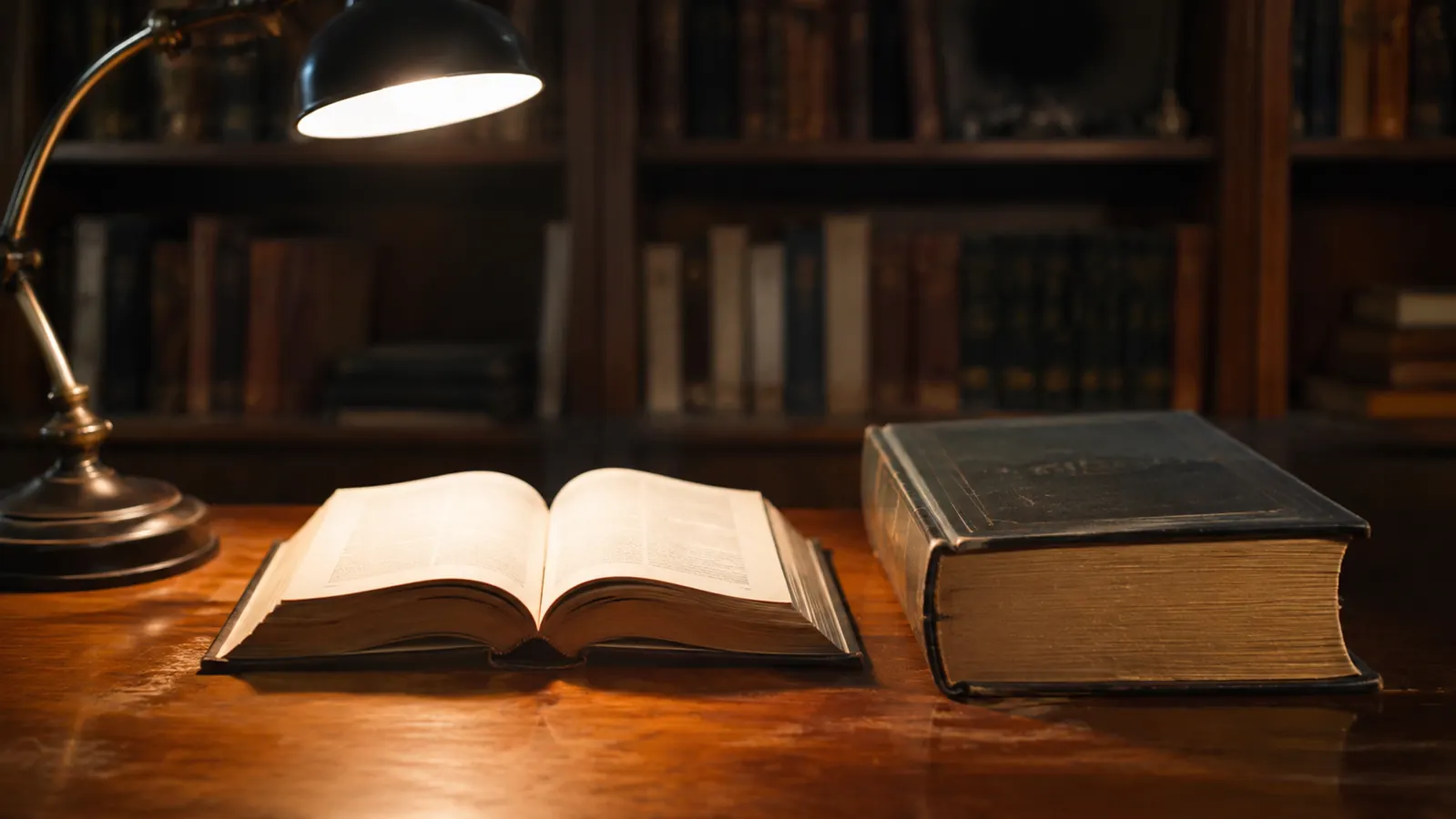 A wooden desk under a lamp with a slim open book lying beside a much larger closed reference volume