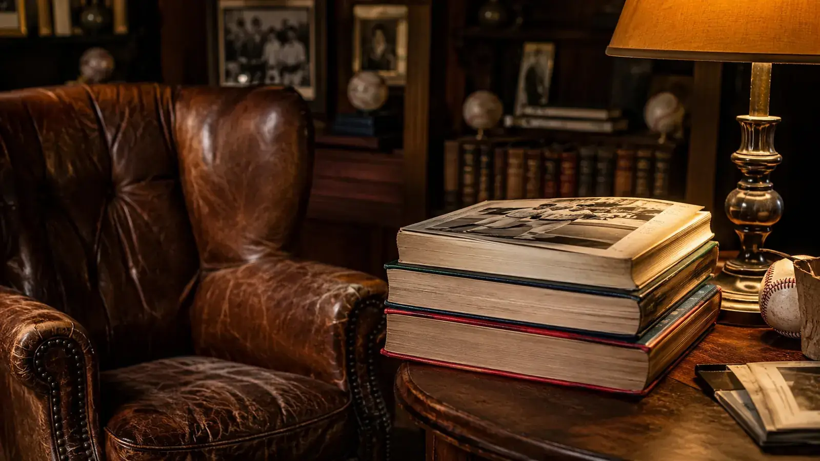 An evening reading corner with a leather armchair, a warm lamp, and a stack of thick books about baseball on a wooden side table