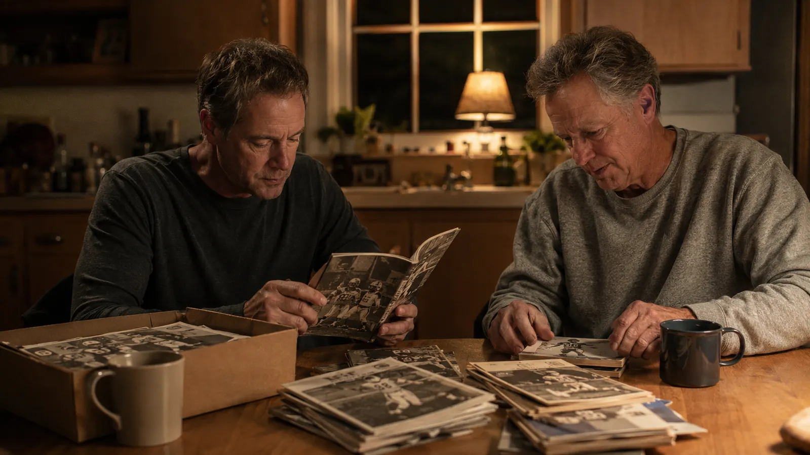 Two brothers in their fifties at a kitchen table late at night, a stack of faded football programs and a cardboard box between them, two steaming coffee mugs, warm lamplight.
