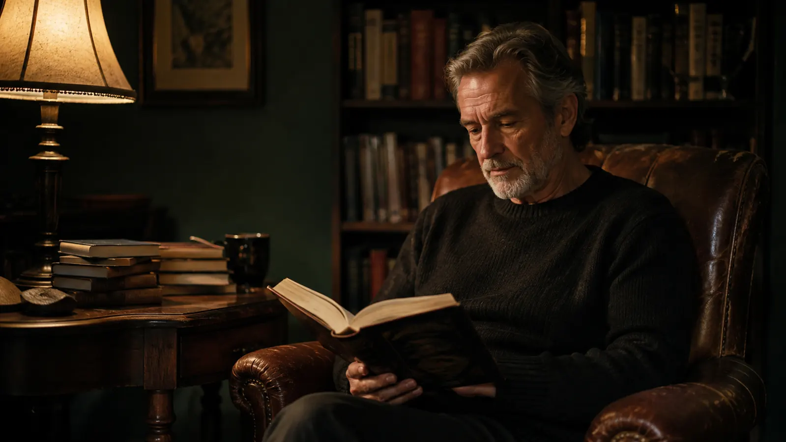 An older man reading a thick hardcover book in a worn armchair beside a warm reading lamp in a quiet evening room