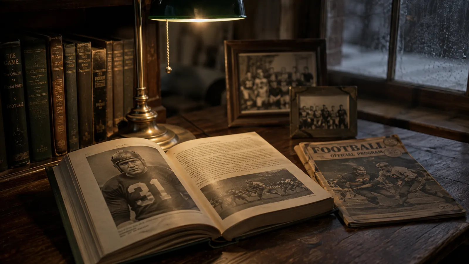An open hardcover biography resting on a lamplit wooden desk beside a folded vintage football program on a cold evening