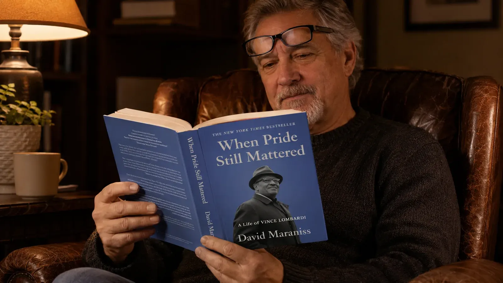 A man in his late fifties in an armchair holding the open book down on his chest, head tilted back reading, a blanket over his legs and a lamp glowing beside him