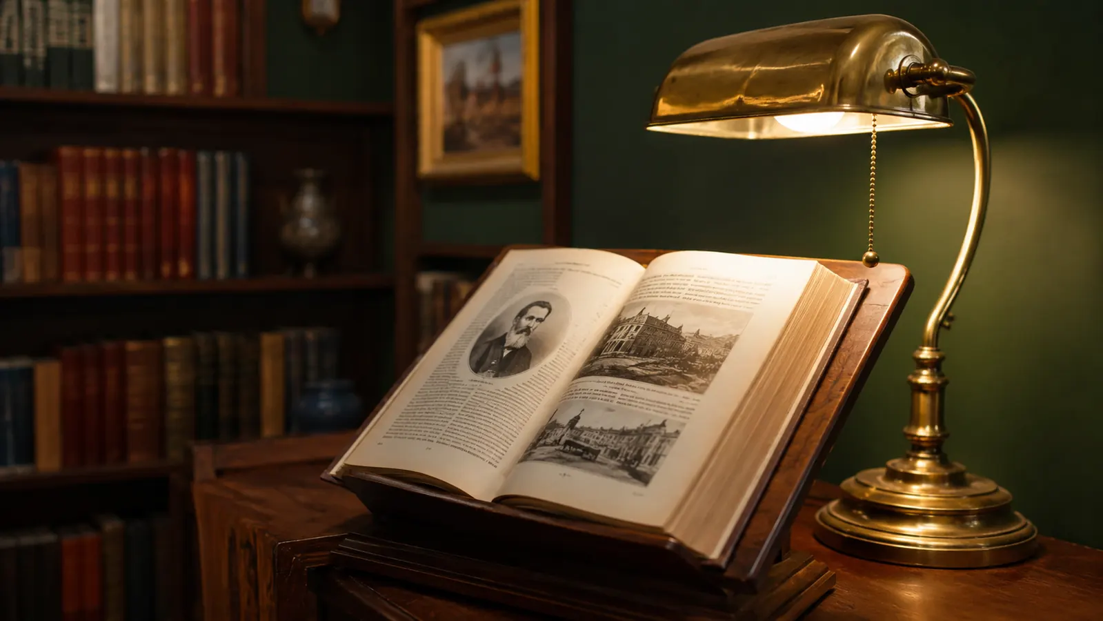An open hardcover book resting on a wooden reading stand beside a brass banker's lamp, the pages glowing in warm evening light with a blurred bookshelf behind