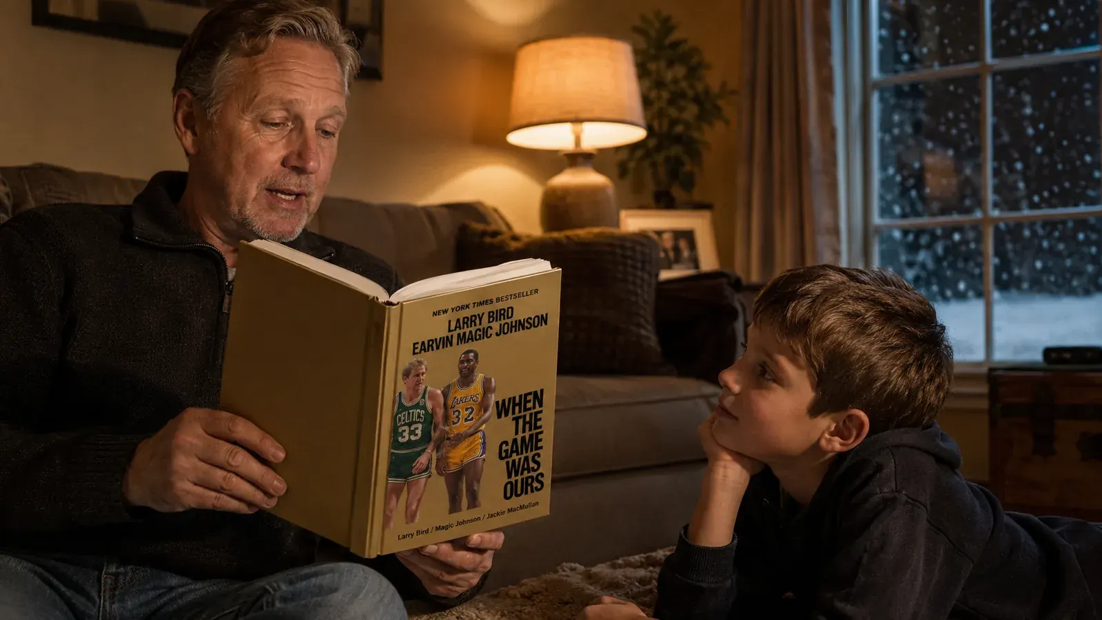 A gray-haired man in his late fifties reading an open hardcover book aloud on a couch while a young boy kneels on the floor beside him, warm lamplight, winter light through a window