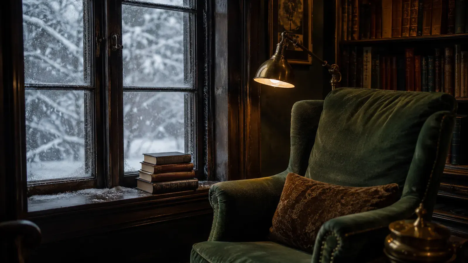 A worn reading chair by a window with a warm lamp lit and falling snow outside, a small stack of hardcover books resting on the windowsill