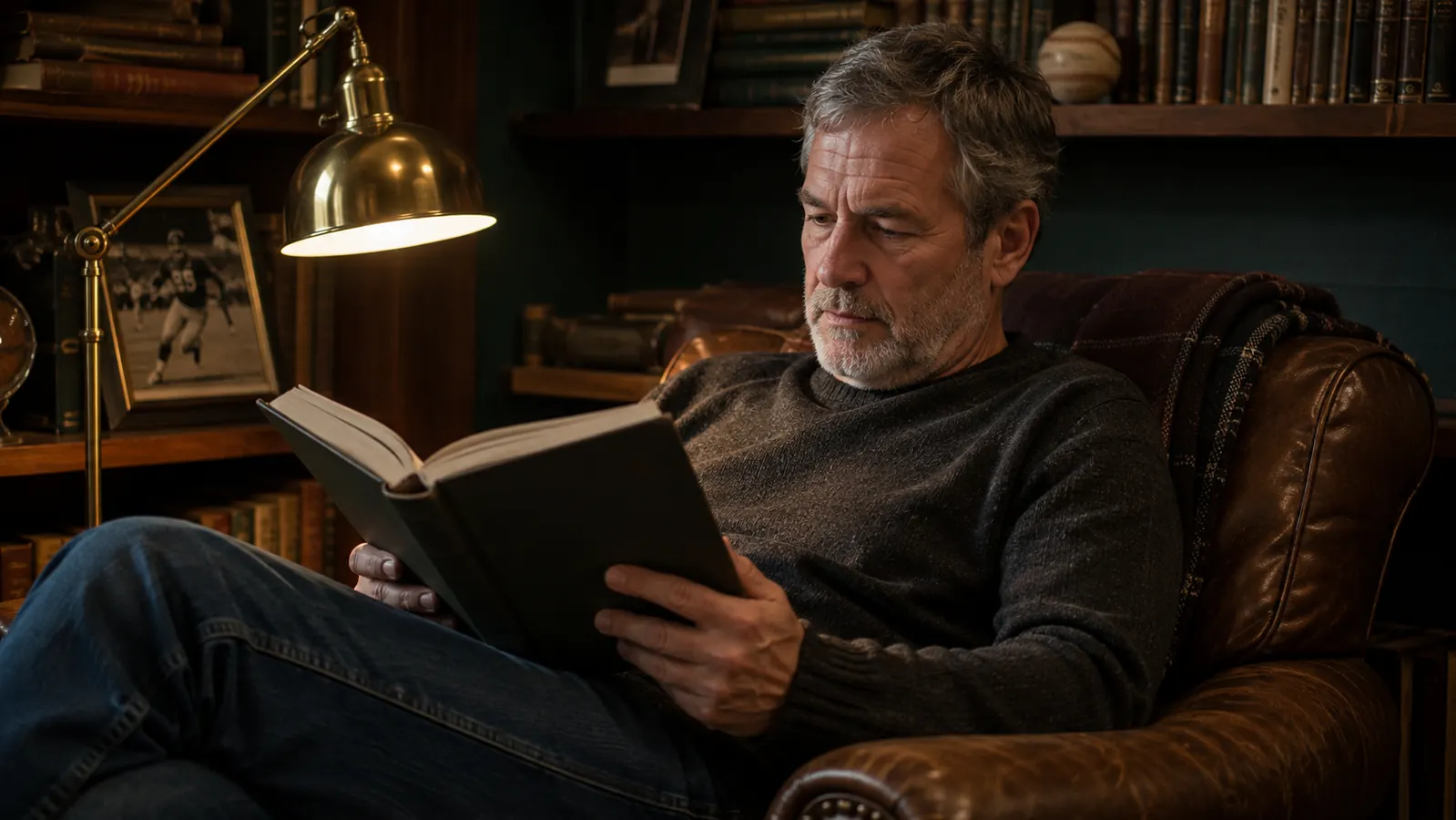 An older man reading a hardcover sports memoir in a worn leather armchair beside a brass reading lamp in a dim study