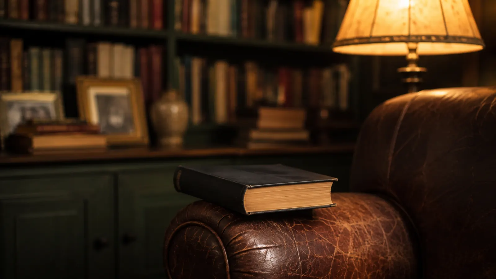 A worn hardcover book resting on the arm of a leather armchair beside a reading lamp in the evening.
