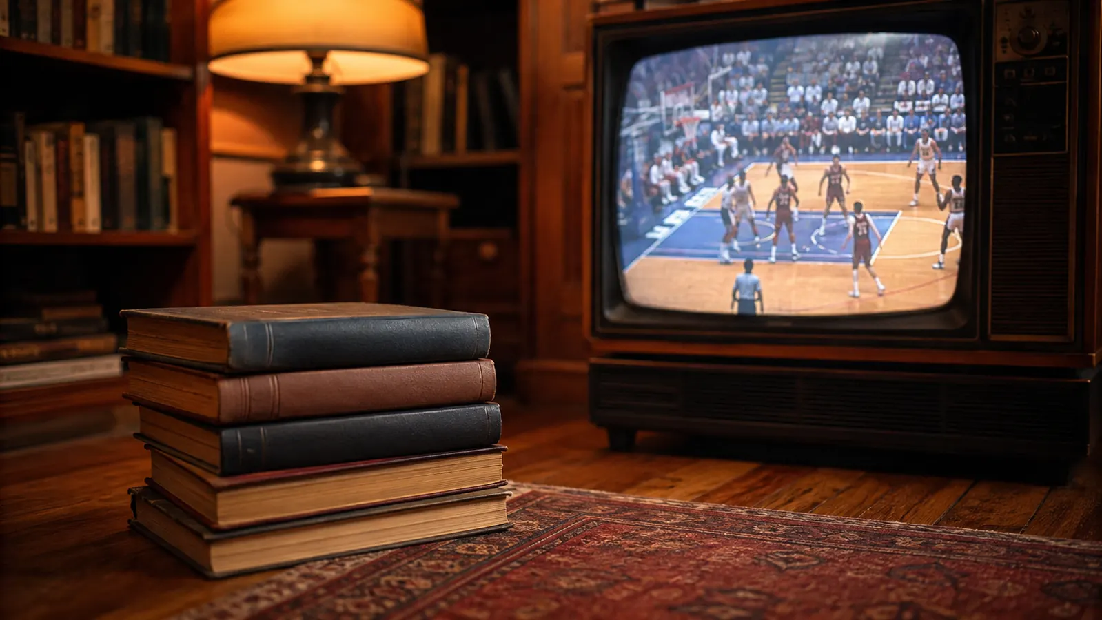 A stack of sports history books on a wooden floor beside an old television set showing a grainy basketball game
