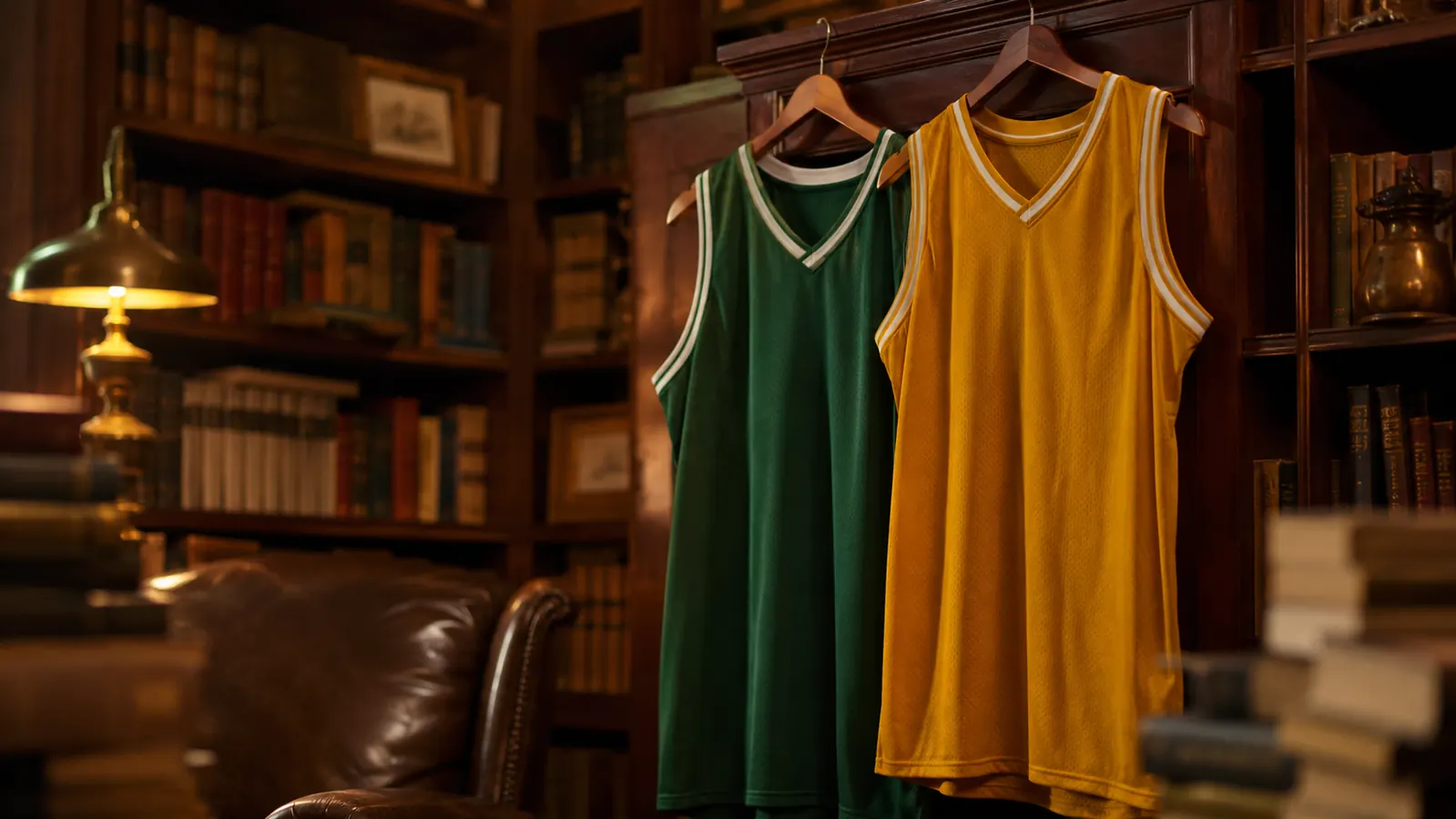 Two plain basketball jerseys hanging side by side in a dim library, one green and one gold, beneath a brass reading lamp